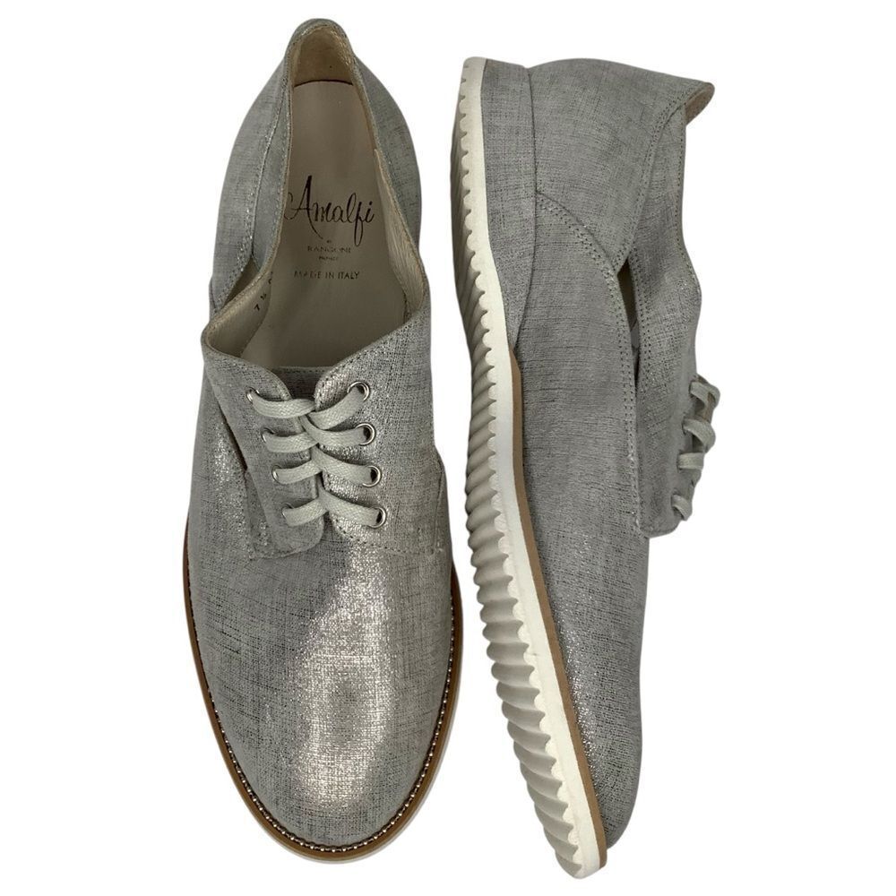 Amalfi by Rangoni Silver Textile/Leather Lace Tie Oxford Women Shoes Sz 7.5